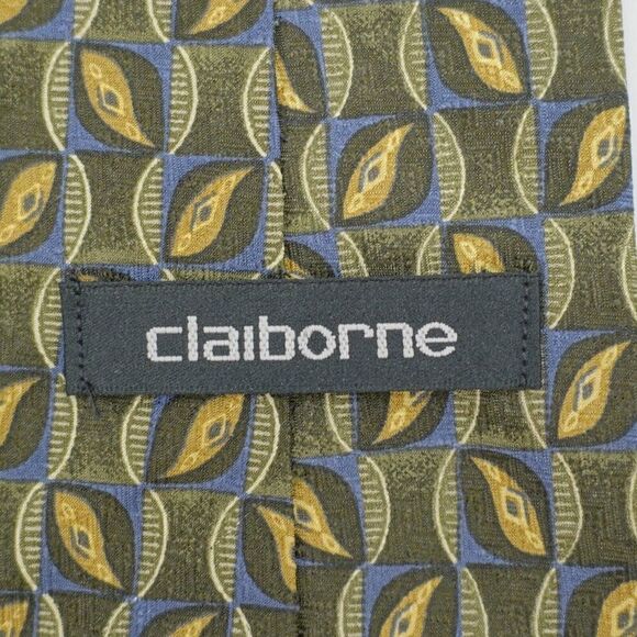 Claiborne Green Tan Blue Abstract Geometric Jacquard‎ Print Short Wide Silk Tie - Picture 3 of 5